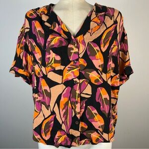 Jane and Delancey Vibrant Leaf Print Cropped Button Down Shirt L NWT